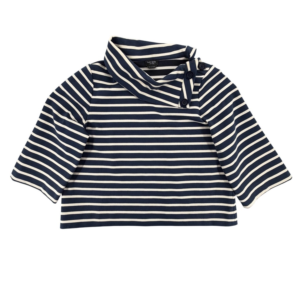 Kate Spade New York Navy White Stiped Ponte Top Women's XL Button Cowl Neck
